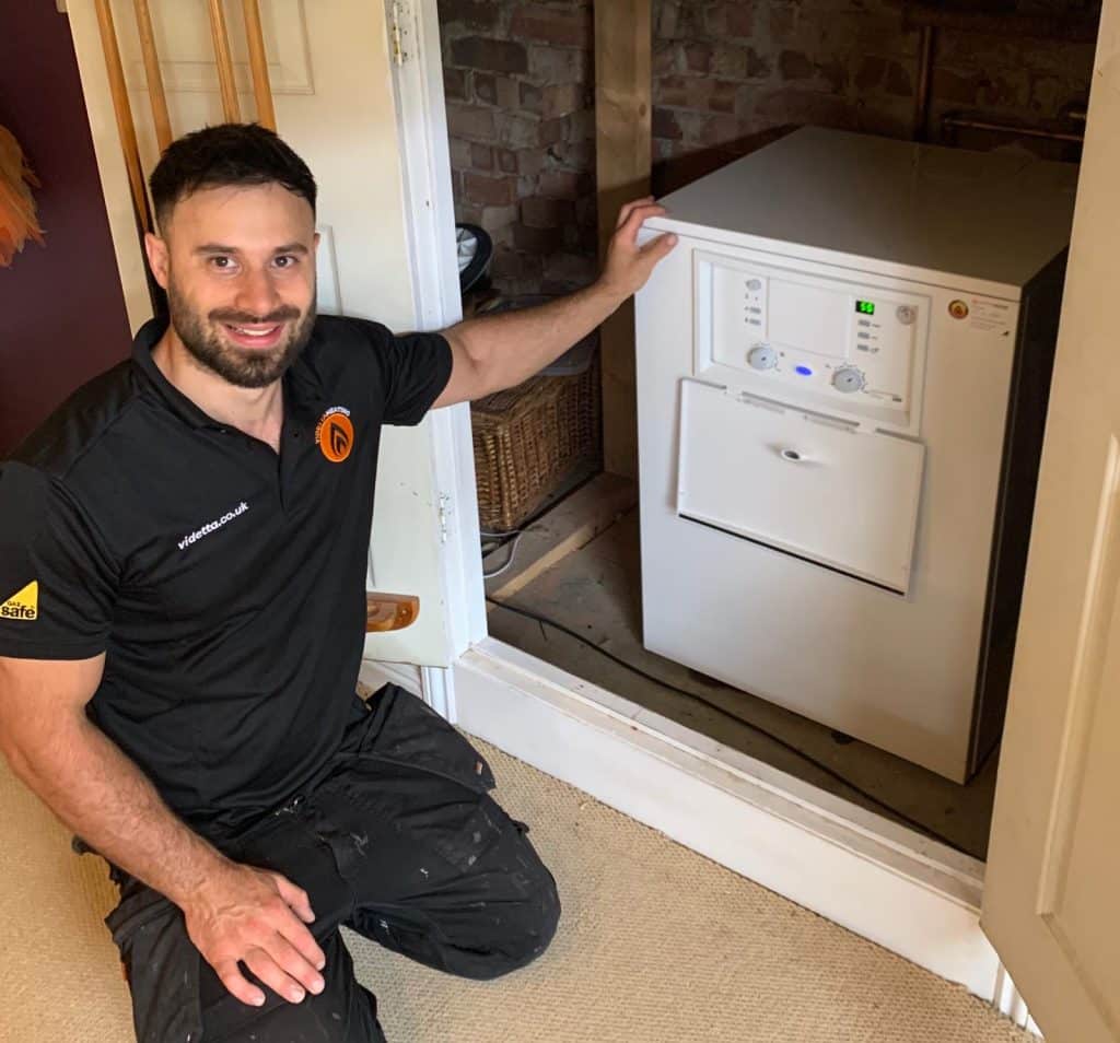 Jordan Videtta plumber installing new Worcester Bosch boiler